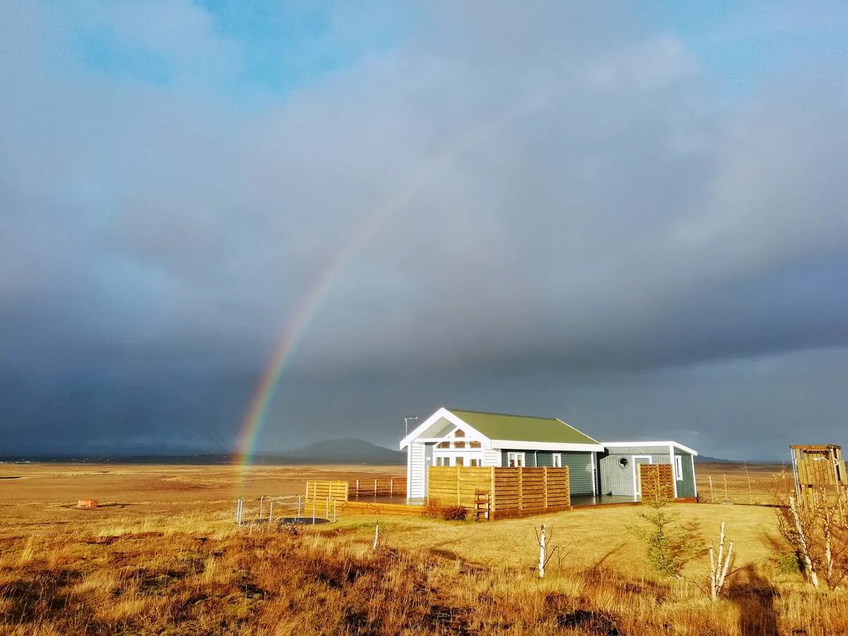 Private deck and countryside setting at the Little Blue House Iceland